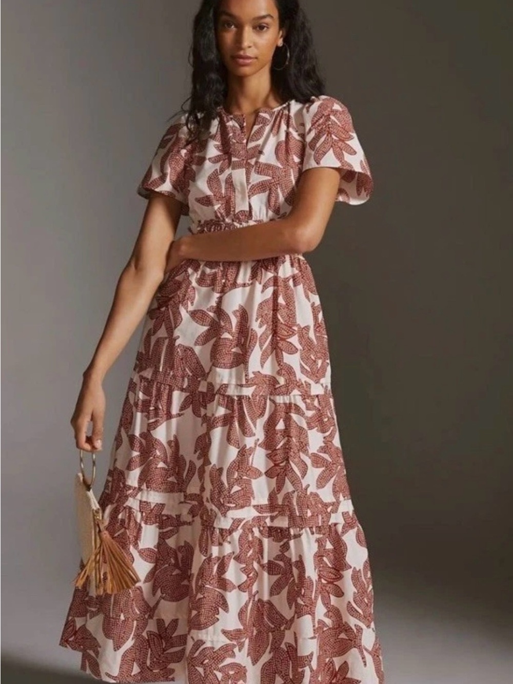 Anthropologie The Somerset Tiered Maxi Dress V-Neck Neutral Dotted Floral XL